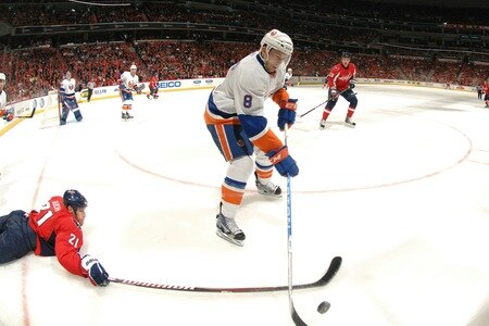 WASHINGTON, DC - March 1: Bruno Gervais #8 of the New York Islanders skates with the puck during a NHL hockey game against Broosk Laich #21 of the Washington Capitals on March 1, 2011 at the Verizon Center in Washington, DC.  <br /><br /><span class="help">(Photo by Mitchell Layton/NHLI via Getty Images)</span>