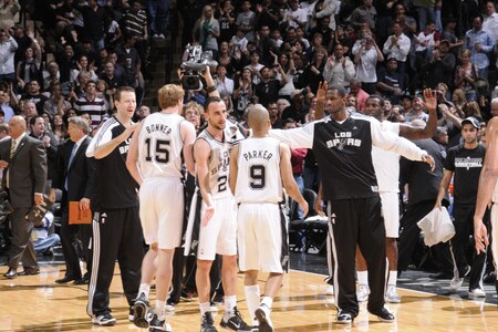 SAN ANTONIO, TX - MARCH 4:  Manu Ginobili #20 and Tony Parker #9 of the San Antonio Spurs react during a timeout against the Miami Heat at AT&T Center on March 4, 2011 in San Antonio, Texas. <br /><br /><span class="help">(Photos by D. Clarke Evans/NBAE via Getty Images)</span>