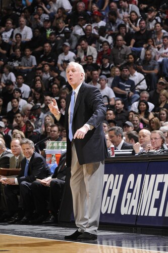 SAN ANTONIO, TX - MARCH 4:  San Antonio Spurs head coach Gregg Popovich calls out a play against the Miami Heat at AT&T Center on March 4, 2011 in San Antonio, Texas. <br /><br /><span class="help">(Photos by D. Clarke Evans/NBAE via Getty Images)</span>