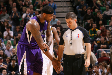 SALT LAKE CITY, UT - MARCH 5:  DeMarcus Cousins #15 of the Sacramento Kings disagrees with referee Eli Roe #44 in overtime against the Utah Jazz at EnergySolutions Arena on March 5, 2011 in Salt Lake City, Utah. </div>



 <br />




<div align="center">(Photo by Melissa Majchrzak/NBAE via Getty Images)