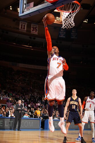 NEW YORK, NY - MARCH 13: Carmelo Anthony #7 of the New York Knicks shoots against the Indiana Pacers during a game on March 13, 2011 at Madison Square Garden in New York City.  <br /><br /><span class="help">(Photo by Nathaniel S. Butler/NBAE via Getty Images)</span>