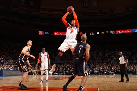 NEW YORK, NY - MARCH 13: Carmelo Anthony #7 of the New York Knicks shoots against the Indiana Pacers during a game on March 13, 2011 at Madison Square Garden in New York City.  <br /><br /><span class="help">(Photo by Nathaniel S. Butler/NBAE via Getty Images)</span>