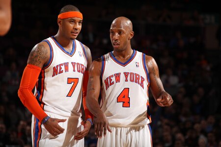 NEW YORK, NY - MARCH 13: Carmelo Anthony #7 and Chauncey Billups #4 of the New York Knicks talk strategy during a game against the Indiana Pacers on March 13, 2011 at Madison Square Garden in New York City.  <br /><br /><span class="help">(Photo by Nathaniel S. Butler/NBAE via Getty Images)</span>