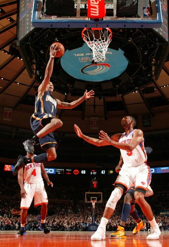 NEW YORK, NY - MARCH 13: Dahntay Jones #1 of the Indiana Pacers shoots over Jared Jeffries #9 of the New York Knicks during a game on March 13, 2011 at Madison Square Garden in New York City.  <br /><br /><span class="help">(Photo by Nathaniel S. Butler/NBAE via Getty Images)</span>