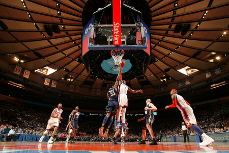 NEW YORK, NY - MARCH 13: Amar'e Stoudemire #1 of the New York Knicks dunks against Roy Hibbert #55 of the Indiana Pacers during a game on March 13, 2011 at Madison Square Garden in New York City.  <br /><br /><span class="help">(Photo by Nathaniel S. Butler/NBAE via Getty Images)</span>