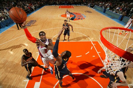 NEW YORK, NY - MARCH 13: Amar'e Stoudemire #1 of the New York Knicks dunks against Roy Hibbert #55 of the Indiana Pacers during a game on March 13, 2011 at Madison Square Garden in New York City.  <br /><br /><span class="help">(Photo by Nathaniel S. Butler/NBAE via Getty Images)</span>