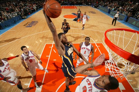 NEW YORK, NY - MARCH 13: Paul George #24 of the Indiana Pacers dunks over Jared Jeffries #9 of the New York Knicks on March 13, 2011 at Madison Square Garden in New York City.  <br /><br /><span class="help">(Photo by Nathaniel S. Butler/NBAE via Getty Images)</span>