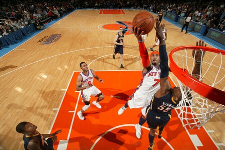 NEW YORK, NY - MARCH 13: Carmelo Anthony #7 of the New York Knicks has his shot blocked by Roy Hibbert #55 of the Indiana Pacers during a game on March 13, 2011 at Madison Square Garden in New York City.  <br /><br /><span class="help">(Photo by Nathaniel S. Butler/NBAE via Getty Images)</span>