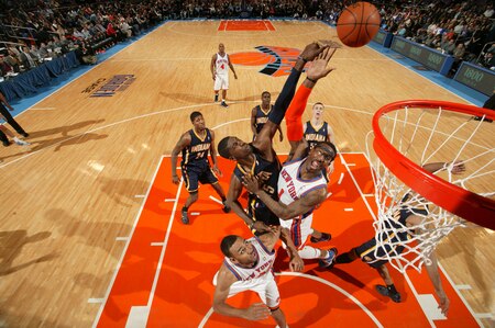 NEW YORK, NY - MARCH 13: Amar'e Stoudemire #1 of the New York Knicks has his shot blocked by Roy Hibbert #55 of the Indiana Pacers during a game on March 13, 2011 at Madison Square Garden in New York City.  <br /><br /><span class="help">(Photo by Nathaniel S. Butler/NBAE via Getty Images)</span>