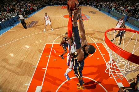 NEW YORK, NY - MARCH 13: Amar'e Stoudemire #1 of the New York Knicks has his shot blocked by Roy Hibbert #55 of the Indiana Pacers during a game on March 13, 2011 at Madison Square Garden in New York City.  <br /><br /><span class="help">(Photo by Nathaniel S. Butler/NBAE via Getty Images)</span>