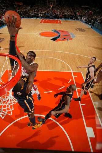 NEW YORK, NY - MARCH 13: Amar'e Stoudemire #1 of the New York Knicks has his shot blocked by Roy Hibbert #55 of the Indiana Pacers during a game on March 13, 2011 at Madison Square Garden in New York City.  <br /><br /><span class="help">(Photo by Nathaniel S. Butler/NBAE via Getty Images)</span>