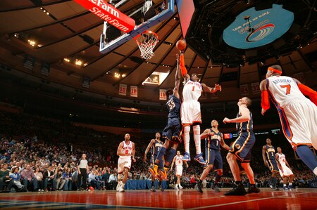 NEW YORK, NY - MARCH 13: Amar'e Stoudemire #1 of the New York Knicks dunks against Roy Hibbert #55 of the Indiana Pacers during a game on March 13, 2011 at Madison Square Garden in New York City.  <br /><br /><span class="help">(Photo by Nathaniel S. Butler/NBAE via Getty Images)</span>