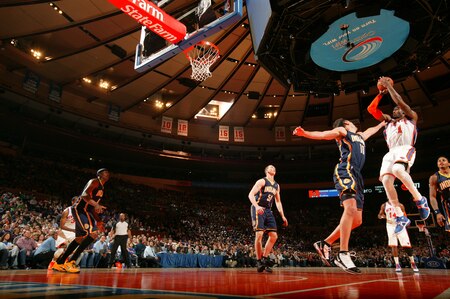 NEW YORK, NY - MARCH 13: Amar'e Stoudemire #1 of the New York Knicks shoots over Jeff Foster #10 of the Indiana Pacers during a game on March 13, 2011 at Madison Square Garden in New York City.  <br /><br /><span class="help">(Photo by Nathaniel S. Butler/NBAE via Getty Images)</span>