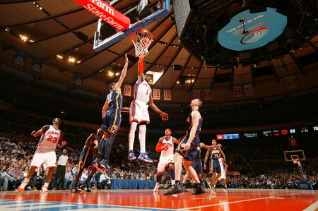 NEW YORK, NY - MARCH 13: Amar'e Stoudemire #1 of the New York Knicks dunks against Josh McRoberts #32 of the Indiana Pacers during a game on March 13, 2011 at Madison Square Garden in New York City.  <br /><br /><span class="help">(Photo by Nathaniel S. Butler/NBAE via Getty Images)</span>