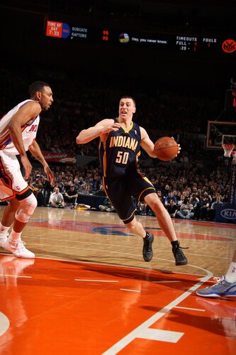 NEW YORK, NY - MARCH 13: Tyler Hansbrough #50 of the Indiana Pacers drives against Jared Jeffries #9 the New York Knicks on March 13, 2011 at Madison Square Garden in New York City.  <br /><br /><span class="help">(Photo by Nathaniel S. Butler/NBAE via Getty Images)</span>