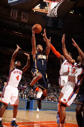 NEW YORK, NY - MARCH 13: Dahntay Jones #1 of the Indiana Pacers shoots against  the New York Knicks on March 13, 2011 at Madison Square Garden in New York City.  <br /><br /><span class="help">(Photo by Nathaniel S. Butler/NBAE via Getty Images)</span>