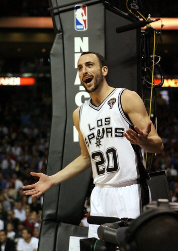 MIAMI - MARCH 14: Forward Manu Ginobili #20 complains to the referee against the Miami Heat at American Airlines Arena on March 14, 2011 in Miami, Florida. <br /><br /><span class="help">(Photo by Marc Serota/Getty Images)</span>