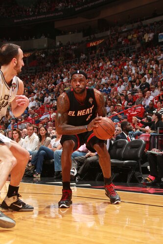MIAMI - MARCH 14:  LeBron James #6 of the Miami Heat looks to shoot against Manu Ginobili #20 of the San Antonio Spurs on March 14, 2011 at American Airlines Arena in Miami, Florida. <br /><br /><span class="help">(Photo by Victor Baldizon/NBAE via Getty Images)</span>