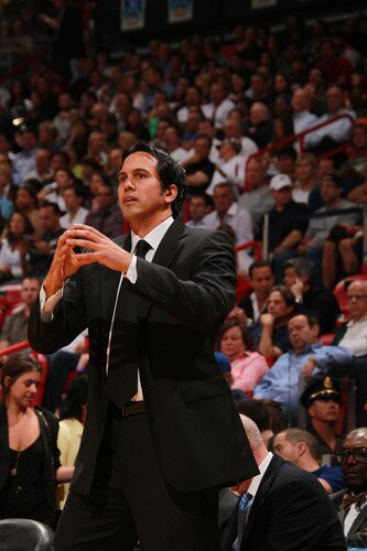 MIAMI - MARCH 14:  Erik Spoelstra Head Coach of the Miami Heat calls a play during a game against the San Antonio Spurs on March 14, 2011 at American Airlines Arena in Miami, Florida. <br /><br /><span class="help">(Photo by Victor Baldizon/NBAE via Getty Images)</span>