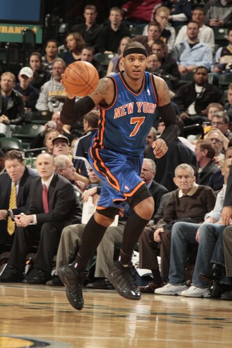 INDIANAPOLIS, IN - MARCH 15:  Carmelo Anthony #7 of the New York Knicks drives up the court against the Indiana Pacers on March 15, 2011 at Conseco Fieldhouse in Indianapolis, Indiana.  <br /><br /><span class="help">(Photo by Ron Hoskins/NBAE via Getty Images)</span>