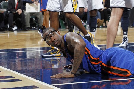 INDIANAPOLIS, IN - MARCH 15: Amar'e Stoudemire #1 of the New York Knicks looks up after being fouled against the Indiana Pacers on March 15, 2011 at Conseco Fieldhouse in Indianapolis, Indiana. The Pacers defeated the Knicks 119-117. <br /><br /><span class="help">(Photo by Joe Robbins/NBAE via Getty Images)</span>