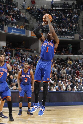 INDIANAPOLIS, IN - MARCH 15: Amar'e Stoudemire #1 of the New York Knicks shoots against the Indiana Pacers on March 15, 2011 at Conseco Fieldhouse in Indianapolis, Indiana. The Pacers defeated the Knicks 119-117. <br /><br /><span class="help">(Photo by Joe Robbins/NBAE via Getty Images)</span>