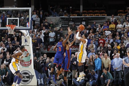 INDIANAPOLIS, IN - MARCH 15:  Danny Granger #33 of the Indiana Pacers hits the game winning shot against the New York Knicks on March 15, 2011 at Conseco Fieldhouse in Indianapolis, Indiana.  <br /><br /><span class="help">(Photo by Joe Robbins/NBAE via Getty Images)</span>