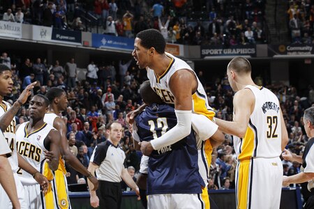 INDIANAPOLIS, IN - MARCH 15:  Danny Granger #33 of the Indiana Pacers is mobbed by his teammates after hitting the game winning shot against the New York Knicks on March 15, 2011 at Conseco Fieldhouse in Indianapolis, Indiana.  <br /><br /><span class="help">(Photo by Joe Robbins/NBAE via Getty Images)</span>