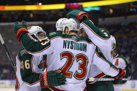 ST. LOUIS, MO - MARCH 29: Eric Nystrom #23 of the Minnesota Wild is congratulated by teammates after scoring a goal against the St. Louis Blues at the Scottrade Center on March 29, 2011 in St. Louis, Missouri.  <br /><br /><span class="help">(Photo by Dilip Vishwanat/Getty Images)</span>