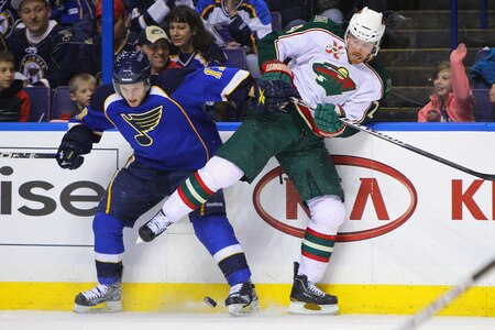 ST. LOUIS, MO - MARCH 29: Vladimir Sobotka #17 of the St. Louis Blues keeps Martin Havlat #24 of the Minnesota Wild off the puck at the Scottrade Center on March 29, 2011 in St. Louis, Missouri.  <br /><br /><span class="help">(Photo by Dilip Vishwanat/Getty Images)</span>