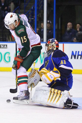 ST. LOUIS, MO - MARCH 29: Andrew Brunette #15 of the Minnesota Wild  looks to get the puck past Jaroslav Halak #41 of the St. Louis Blues at the Scottrade Center on March 29, 2011 in St. Louis, Missouri.  <br /><br /><span class="help">(Photo by Dilip Vishwanat/Getty Images)</span>