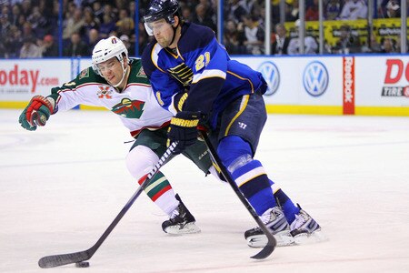 ST. LOUIS, MO - MARCH 29: Marek Zidlicky #3 of the Minnesota Wild looks to steal the puck from Patrik Berglund #21 of the St. Louis Blues at the Scottrade Center on March 29, 2011 in St. Louis, Missouri.  <br /><br /><span class="help">(Photo by Dilip Vishwanat/Getty Images)</span>