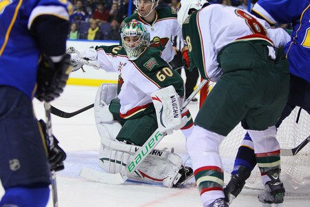 ST. LOUIS, MO - MARCH 29: Jose Theodore #60 of the Minnesota Wild looks to make a save against the St. Louis Blues at the Scottrade Center on March 29, 2011 in St. Louis, Missouri.  <br /><br /><span class="help">(Photo by Dilip Vishwanat/Getty Images)</span>