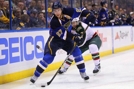 ST. LOUIS, MO - MARCH 29: Alex Pietrangelo #27 of the St. Louis Blues looks to pass the puck against the Minnesota Wild at the Scottrade Center on March 29, 2011 in St. Louis, Missouri.  <br /><br /><span class="help">(Photo by Dilip Vishwanat/Getty Images)</span>