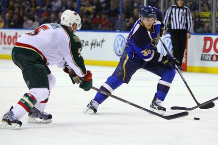 ST. LOUIS, MO - MARCH 29: Matt D'Agostini #36 of the St. Louis Blues moves the puck up ice against the Minnesota Wild at the Scottrade Center on March 29, 2011 in St. Louis, Missouri.  <br /><br /><span class="help">(Photo by Dilip Vishwanat/Getty Images)</span>