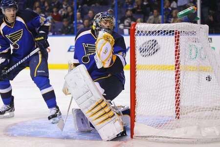 ST. LOUIS, MO - MARCH 29: Jaroslav Halak #41 of the St. Louis Blues allows a goal against the Minnesota Wild at the Scottrade Center on March 29, 2011 in St. Louis, Missouri.  <br /><br /><span class="help">(Photo by Dilip Vishwanat/Getty Images)</span>
