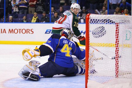 ST. LOUIS, MO - MARCH 29: Jaroslav Halak #41 of the St. Louis Blues makes a save against Antti Miettinen #20 of the Minnesota Wild  during the penalty shoot out at the Scottrade Center on March 29, 2011 in St. Louis, Missouri.  The Wild beat the Blues 3-2 in a shoot out.  <br /><br /><span class="help">(Photo by Dilip Vishwanat/Getty Images)</span>