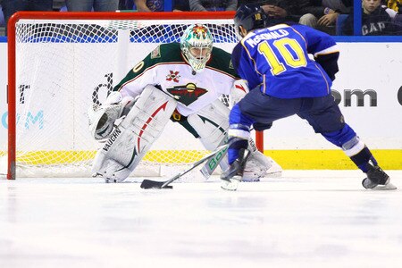 ST. LOUIS, MO - MARCH 29: Jose Theodore #60 of the Minnesota Wild looks to make a save against Andy McDonald #10 of the St. Louis Blues during a penalty shoot out at the Scottrade Center on March 29, 2011 in St. Louis, Missouri.  The Wild beat the Blues 3-2 in a shoot out.  <br /><br /><span class="help">(Photo by Dilip Vishwanat/Getty Images)</span>