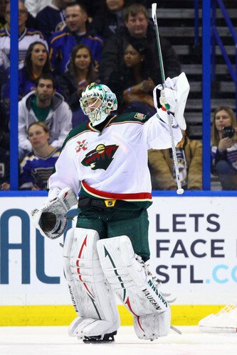 ST. LOUIS, MO - MARCH 29: Jose Theodore #60 of the Minnesota Wild celebrates a victory over the St. Louis Blues at the Scottrade Center on March 29, 2011 in St. Louis, Missouri.  The Wild beat the Blues 3-2 in a shoot out.  <br /><br /><span class="help">(Photo by Dilip Vishwanat/Getty Images)</span>