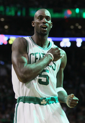 BOSTON, MA - APRIL 17:  Kevin Garnett #5 of the Boston Celtics rallies the fans before the opening tipoff against the New York Knicks  in Game One of the Eastern Conference Quarterfinals in the 2011 NBA Playoffs on April 17, 2011 at the TD Garden in Boston, Massachusetts. <br />
<br />
(Photo by Elsa/Getty Images)
