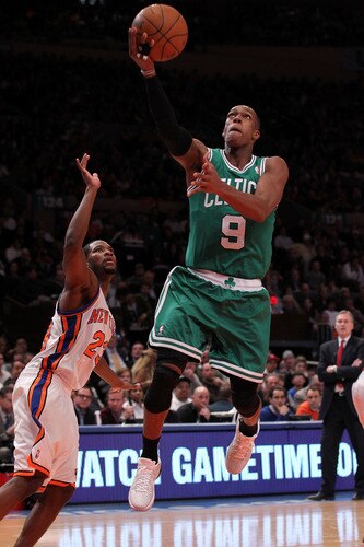 NEW YORK, NY - APRIL 22:  Rajon Rondo #9 of the Boston Celtics drives for a shot attempt against Toney Douglas #23 of the New York Knicks in Game Three of the Eastern Conference Quarterfinals in the 2011 NBA Playoffs on April 22, 2011 at Madison Square Garden in New York City.  <br />
<br />
(Photo by Nick Laham/Getty Images)