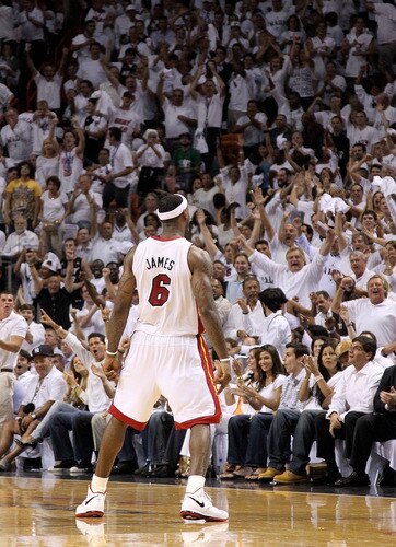 MIAMI, FL - MAY 03:  LeBron James #6 of the Miami Heat reacts to a shot during Game Two of the Eastern Conference Semifinals of the 2011 NBA Playoffs against the Boston Celtics at American Airlines Arena on May 3, 2011 in Miami, Florida. <br />
<br />
(Photo by Mike Ehrmann/Getty Images)
