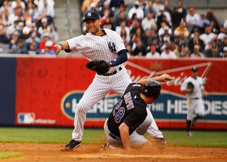 NEW YORK - MAY 22:  Daniel Murphy #28 of the New York Mets is forced out at second base as Derek Jeter #2 of the New York Yankees attempts to complete a double play on May 22, 2011 at Yankee Stadium in the Bronx borough of New York City.  <br /><br /><span class="help">(Photo by Mike Stobe/Getty Images)</span>