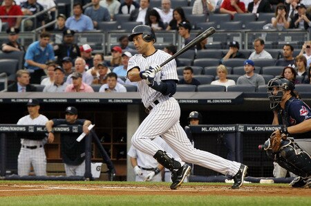 NEW YORK, NY - JUNE 13:  Derek Jeter #2 of the New York Yankees follows through on a first inning base hit against the Cleveland Indians on June 13, 2011 at Yankee Stadium in the Bronx borough of New York City.  <br /><br /><span class="help">(Photo by Jim McIsaac/Getty Images)</span>