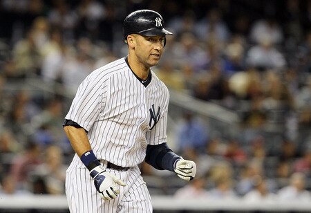 NEW YORK, NY - JUNE 13:  Derek Jeter #2 of the New York Yankees grimaces as he flies out in the fifth inning against the Cleveland Indians on June 13, 2011 at Yankee Stadium in the Bronx borough of New York City. Jeter suffered a sore right calf on the play and left the game.  <br /><br /><span class="help">(Photo by Jim McIsaac/Getty Images)</span>