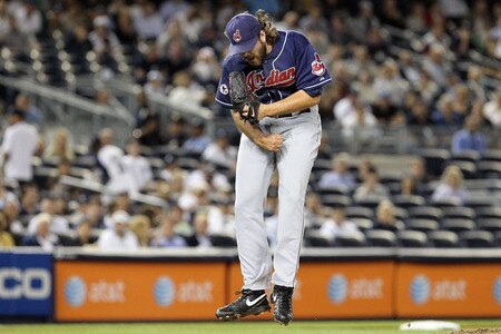 NEW YORK, NY - JUNE 13:  Chris Perez #54 of the Cleveland Indians celebrates getting the final out of the game against the New York Yankees on June 13, 2011 at Yankee Stadium in the Bronx borough of New York City. Cleveland defeated the Yankees 1-0.  <br /><br /><span class="help">(Photo by Jim McIsaac/Getty Images)</span>