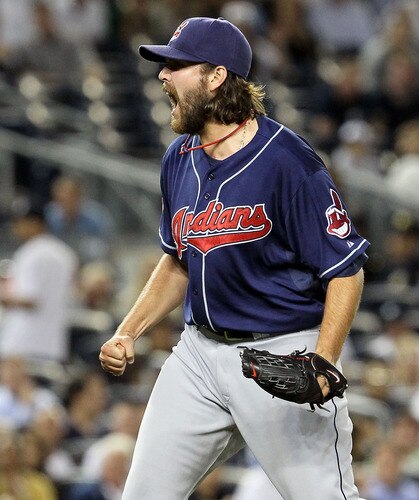 NEW YORK, NY - JUNE 13:  Chris Perez #54 of the Cleveland Indians celebrates getting the final out of the game against the New York Yankees on June 13, 2011 at Yankee Stadium in the Bronx borough of New York City. Cleveland defeated the Yankees 1-0.  <br /><br /><span class="help">(Photo by Jim McIsaac/Getty Images)</span>
