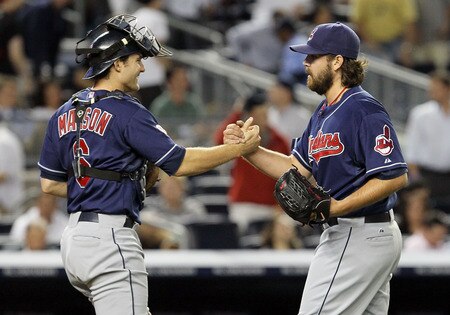NEW YORK, NY - JUNE 13:  Chris Perez #54 and Lou Marson #6 of the Cleveland Indians celebrate  the final out of the game against the New York Yankees on June 13, 2011 at Yankee Stadium in the Bronx borough of New York City. Cleveland defeated the Yankees 1-0.  <br /><br /><span class="help">(Photo by Jim McIsaac/Getty Images)</span>