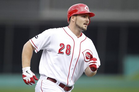CINCINNATI, OH - JUNE 22: Chris Heisey #28 of the Cincinnati Reds rounds the bases after hitting a home run in the first inning against the New York Yankees at Great American Ball Park on June 22, 2011 in Cincinnati, Ohio. <br /><br /><span class="help">(Photo by Joe Robbins/Getty Images)</span>