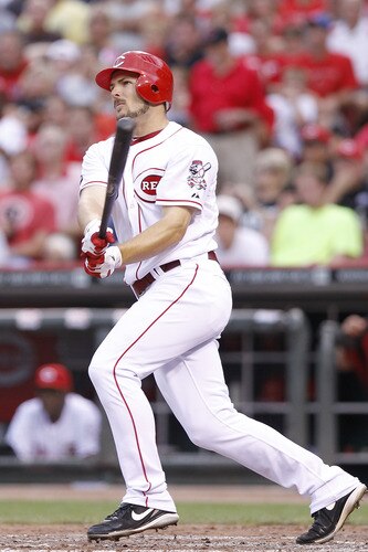 CINCINNATI, OH - JUNE 22: Chris Heisey #28 of the Cincinnati Reds looks up after hitting his second home run of the game in the fifth inning against the New York Yankees at Great American Ball Park on June 22, 2011 in Cincinnati, Ohio. <br /><br /><span class="help">(Photo by Joe Robbins/Getty Images)</span>